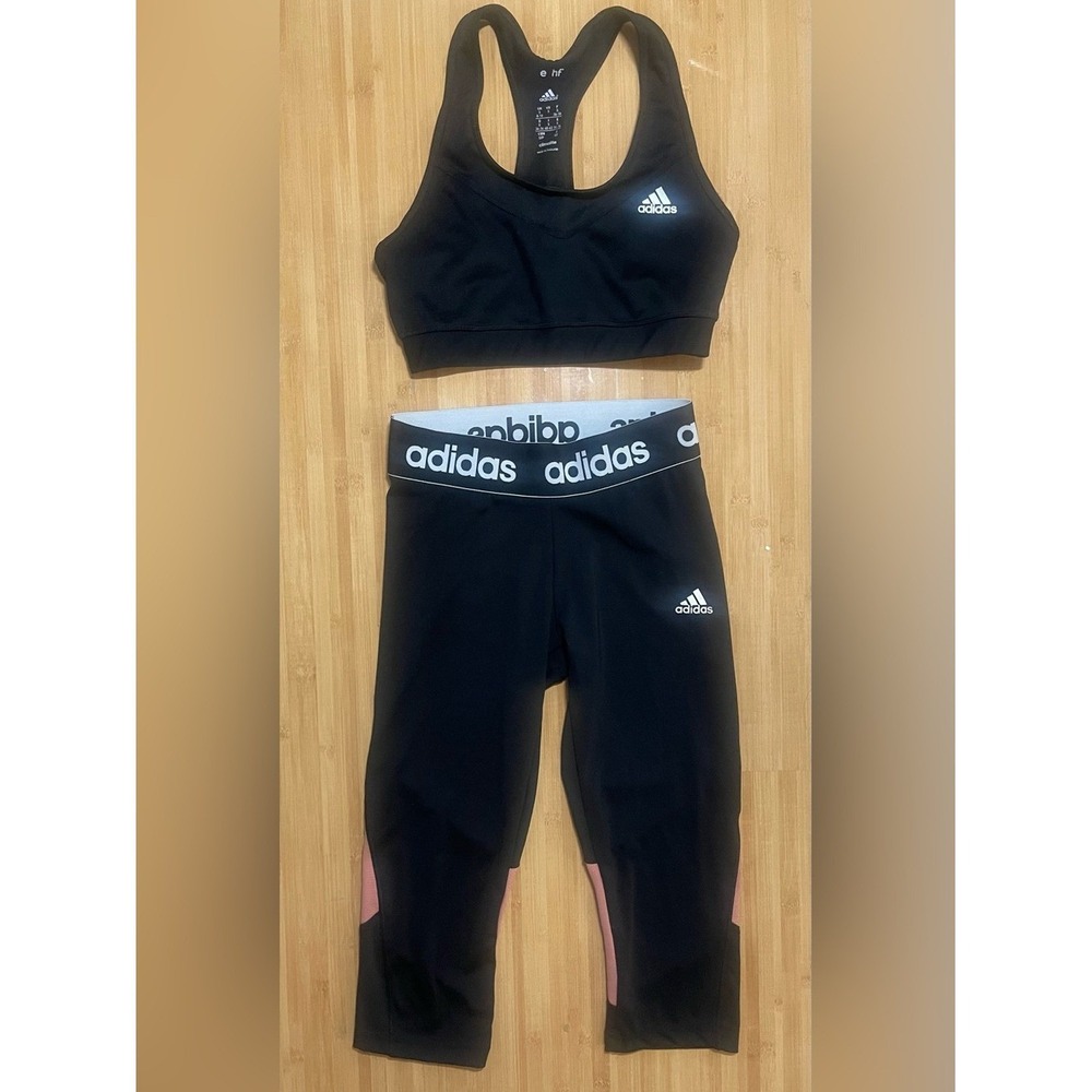 Adidas Women Black‎ Pink Yoga Set Climalite Sports Bra S Climacool Leggings XS